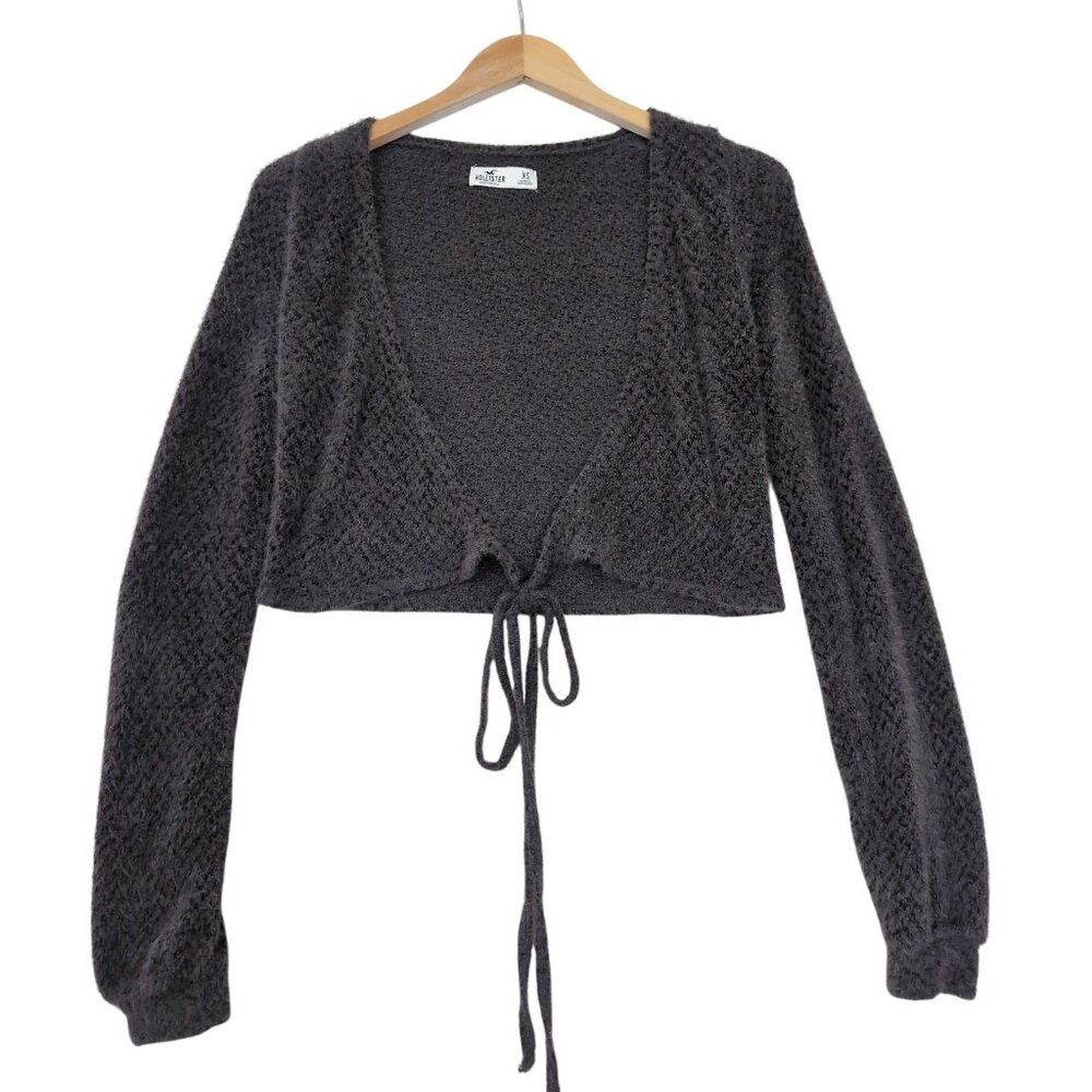 Hollister Crop Cardigan Sweater Womens XS Gray Soft Knit Fairy Grunge Boho Cozy